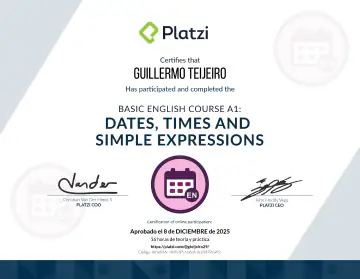 Certificate: Inglés Básico A1: Fechas, Horas y Expresiones Simples