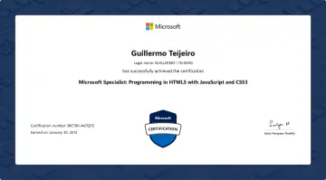 Certificate: Microsoft Specialist - Programming in HTML5 with JavaScript and CSS3